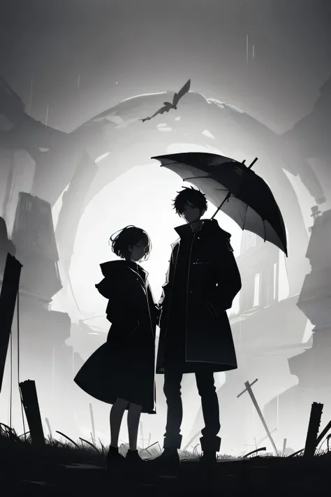 Black simple tone，A man，Hands in pockets，Stand right in the middle，There is a huge girl silhouette behind，The shadow has hairs extending out like tentacles，Hair spreading everywhere，Silhouette，crow，Umbrella in the rain，Dark and oppressive atmosphere