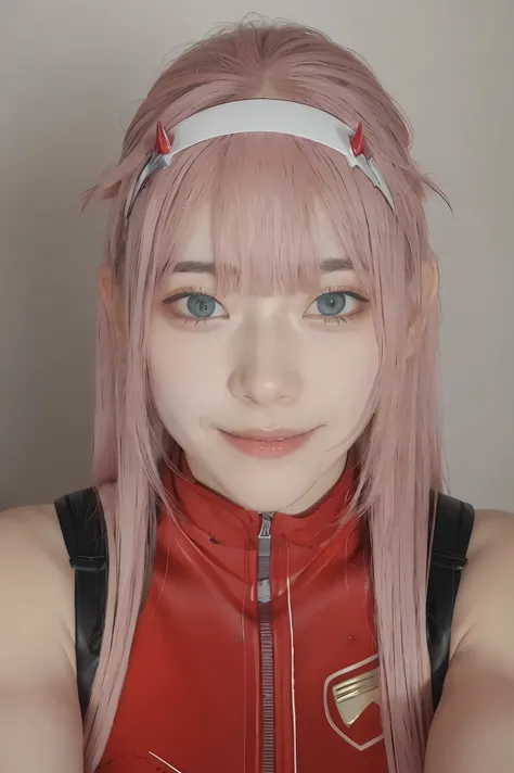 ((best quality)),((highly detailed)),masterpiece, detailed face,beautiful face,((detailed eyes, deep eyes)),(1girl),((dynamic pose)),   Zero_Two, green eyes, 1girl, solo, red bodysuit, long hair, pilot suit, pink hair, bodysuit, straight hair, hairband, st...