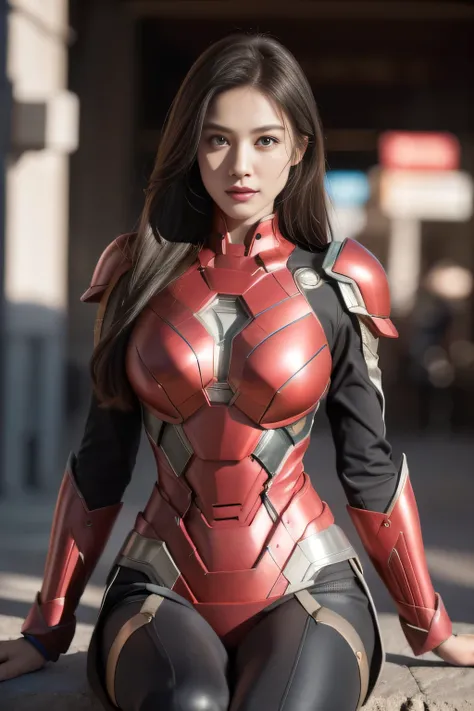 armor hero, bustling city, (inspired by the avengers), armor suit, take a seat, (8k, original photo, lifelike: 1, 25), (lots of ...