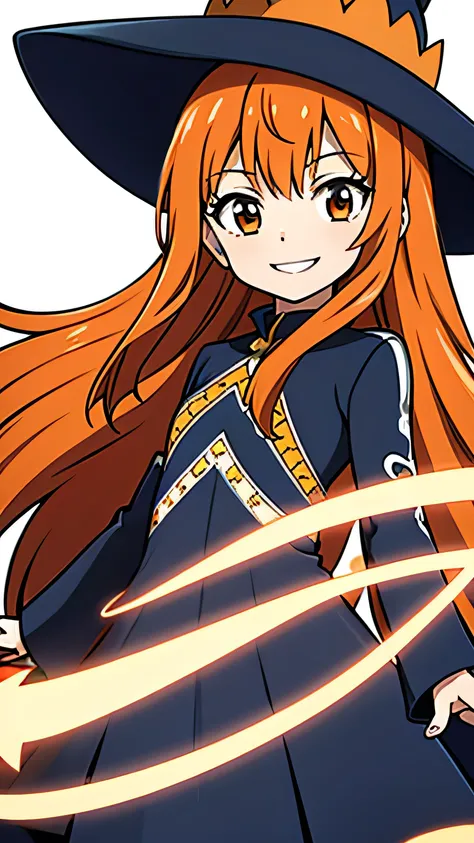one girl, white back ground,  black eye, brown eye, orrange hair, Orange Hair, orrange witch hat, smile, orrange cute dress, star magic, 