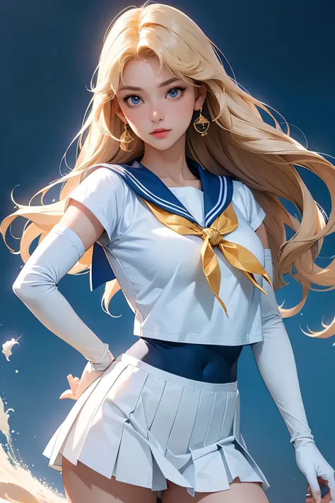 close, 1 girl, Sailor, Tsukino Usagi, (Sailor chiseki uniform:1.2), (Aqua Eye:0.9), Blonde, Medium Hair, Wedge skirt, Best Quality, Earrings, masterpiece, High resolution, Intricate details, (Realistic)), photograph, (white elbow gloves:1.1), jewelry, Medi...