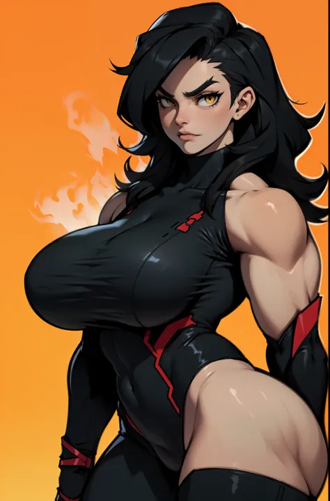 mad girl black hair yellow eyes pale skin long hair large breasts huge muscles skintight (bold outlines bold outlines bold outlines)