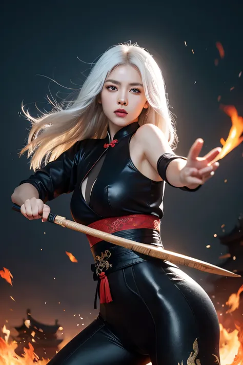 Digital illustration art，white hair woman of ancient China ,beautiful，Thick eyebrows, Big eyes，Super fit，kung fu pose，raiden，Greatwave，fire