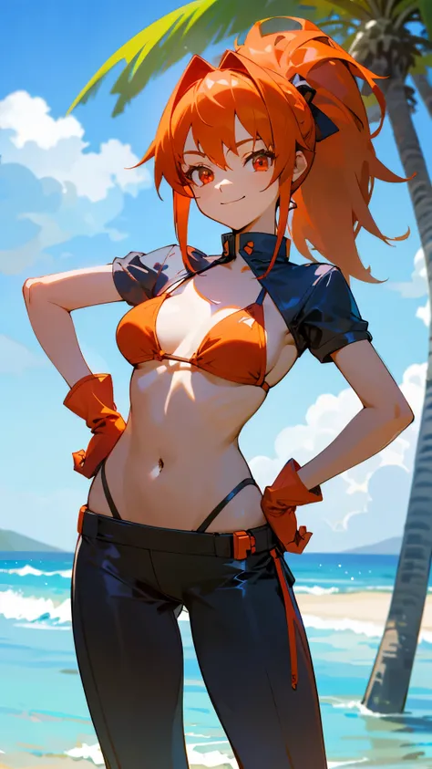 2D, ​masterpiece, top-quality, and souls, ighly detailed, 1girl in, solo, ((The bikini))、Blue swimsuit、 cowboy  shot, bright orange hair、side poneyTail、Glowing red eyes、Red gloves、Sexy pose with hands on hips, the beach, smooth, Palm trees, vague, A smile