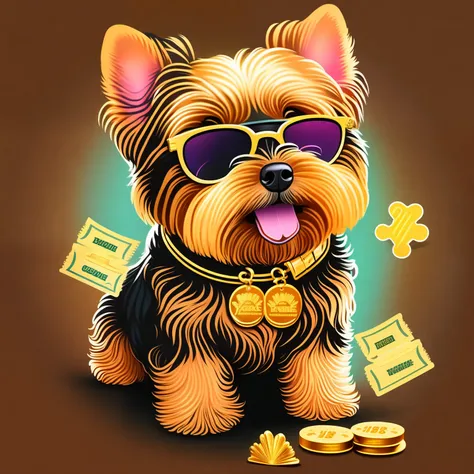 Yorkie dog wearing gold collar with "Hipster" written on gold bone-shaped tag throwing gold dollars, banknotes and diamonds with his paws, t-shirt design, cool neon colors, vector art