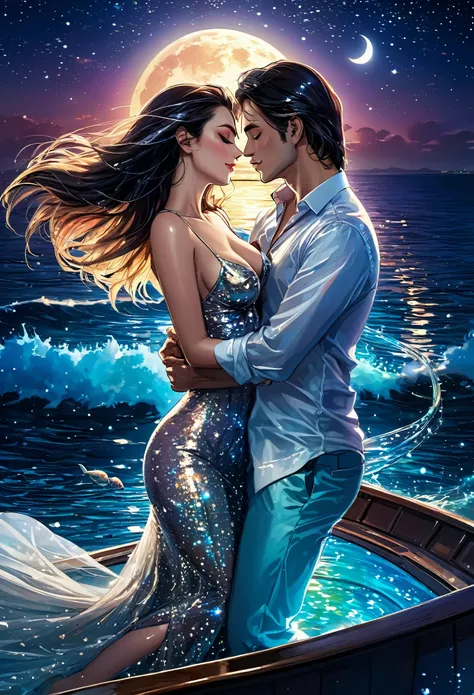 A very sexy, attractive, stunning girl pressing boobs of a another Russian sexy, hot lady and lying and passionate kissing together and both are wearing sexy shiney diamond necklaces dress, at night, in the sea on a boat, stars twinkle, moon in sky, rainbo...