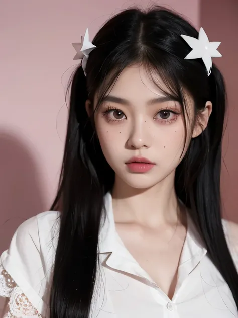 Kim Jennie with dark black hair, with curlers at the ends of dark black hair, with a star clip in her dark black hair, light colored eyes, beautiful eyes, Teary eyes, beautiful, splattered nose, [Labios beautifuls, pink lips, Heart shaped lips and cupid, b...