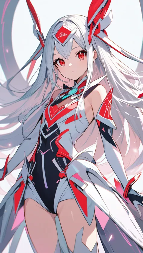 a futuristic magicalgirl, white long hair, red eyes, wearing a high detailed clearly futuristic magicalgirl outfit