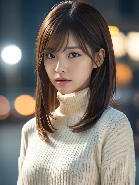 product quality, 1 girl, cowboy shot, front view, a Korean young pretty girl, Calm woman, at night, wearing a white knitted turtleneck sweater, wearing mini skert, hyper cute face, glossy lips, double eyelids for both eyes, (natural makeup), shiny smooth l...