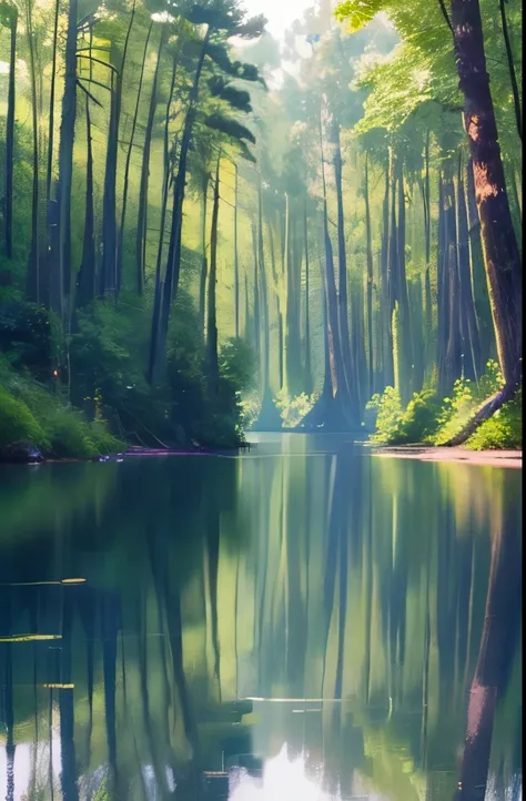 serene swamp with tall trees, partially submerged in clear water, surrounded by lush green foliage, soft natural light filtering through, creating gentle shadows, peaceful and quiet atmosphere, tranquil and untouched natural scenery, outdoor shot, balanced...