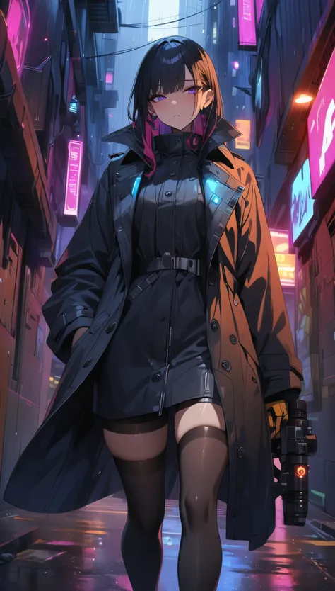 cyberpunk, assassin in black trench coat, walking down a dark alley, rainy day, canon, close up, black stockings, cowboy shot, u...