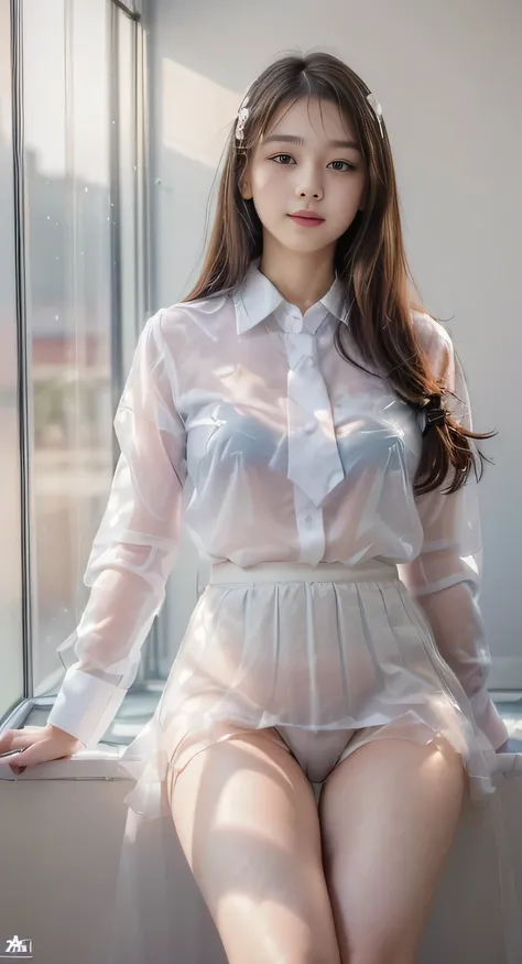 (((high detal,high-detail、​masterpiece,Attention to detail))),{1 girls 18 yo:: smile}, , (((Protruding wearing a transparent white shirt))), ((Face schoolgirl,,Beautiful girl with beautiful legs:natural soft light)),(Semi-long,Straight , shiny hair),(Sprea...