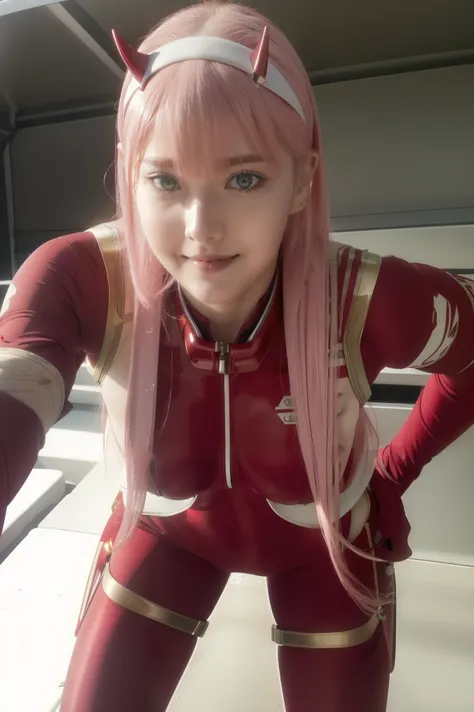 ((best quality)),((highly detailed)),masterpiece,absurdres,detailed face,beautiful face,((detailed eyes, deep eyes)),(1girl),((dynamic pose)),   Zero_Two, green eyes, 1girl, solo, red bodysuit, long hair, pilot suit, pink hair, bodysuit, straight hair, hai...