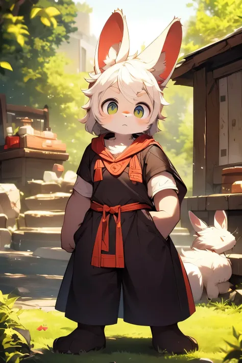 Dwarf bunny boy，Rabbit ears，Furry boys，Characteristics of young children，Dark Skin，Heterochromic pupils，Short sleeve，cloak，shorts，Exorcist，Soul Ring，Standing，