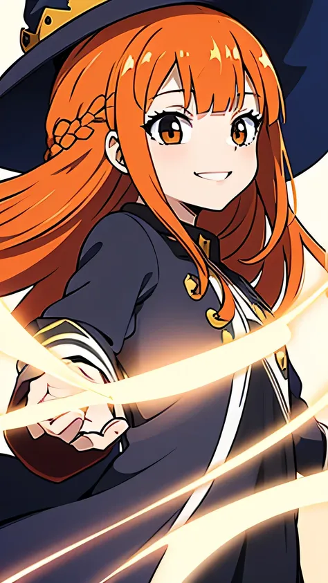 one girl, white back ground, black eye, brown eye, orrange hair, Orange Hair, orrange witch hat, smile, witch dress, star magic, blunt bangs, hair over one eye, crown braid, 