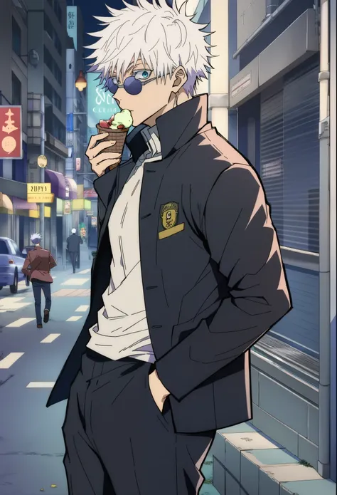 score_9, score_8_up, score_7_up, source_anime, jujutsu kaisen style, (gojou_satoru. gojou satoru), (1boy, solo), (18years old), upper body, (behind back, look back), (white hair, short hair), (blue eyes, sunglass), (school uniform, gakuran, black cropped j...