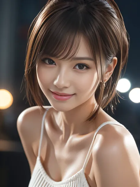 product quality, 1 girl, cowboy shot, front view, a Taiwanese young pretty idol, Calm woman, at night, wearing a white knitted camisole, wearing mini skert, hyper cute face, grin, glossy lips, double eyelids for both eyes, (natural makeup), shiny smooth li...