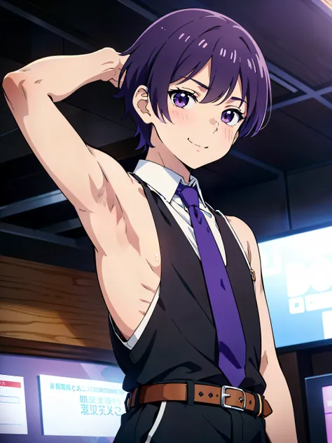 Highres, Masterpiece, Best quality at best,Best Quality,hight quality, hight detailed, Anime style, Anime Screencap Style, 1boy, Shota, young boy, Solo person, smile, Violet hair, messy hair, school, Sleeveless uniform, Bare shoulder, Tie, Seen from the fr...