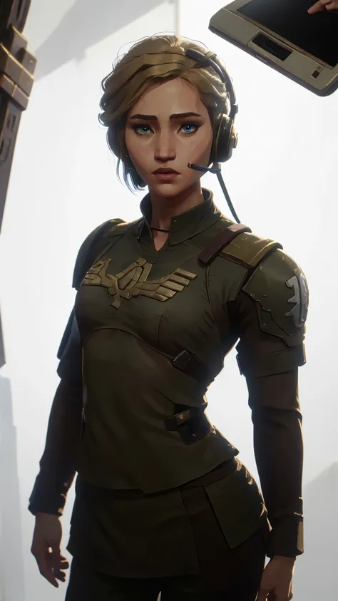 actress Jennifer Lawrence from hunger games, female, textured blond open hair, ((looking at camera)), intricate face detail, 4k face, detailed skin, skin shading, uniform wearing si-fi soldier, perfect eyes, heavy breastplate, flat chest, small breasts, fu...