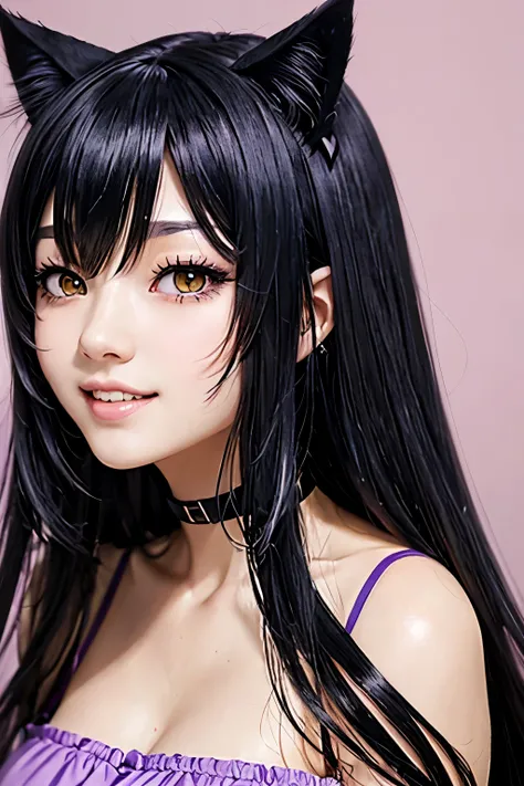 anime、Black Hair、Long Hair、Cat ears、Purple cat whisker paint、Large Breasts、Double teeth、Upper body close-up