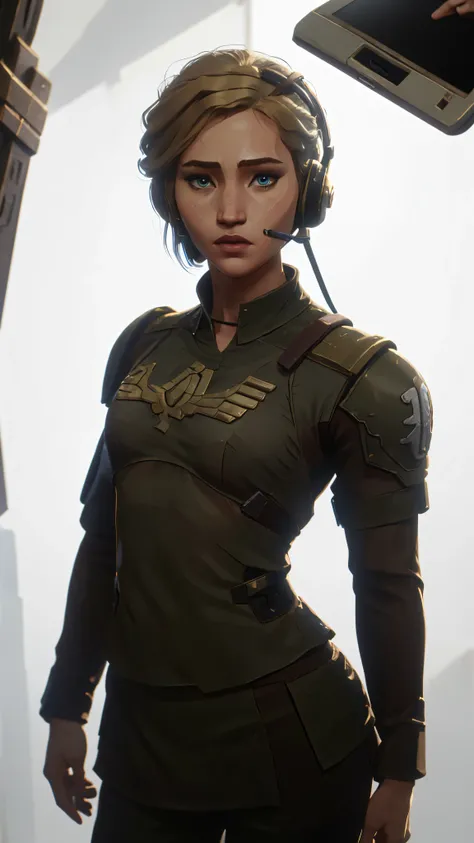 actress Jennifer Lawrence from hunger games, female, textured blond open hair, ((looking at camera)), intricate face detail, 4k face, detailed skin, skin shading, uniform wearing si-fi soldier, perfect eyes, heavy breastplate, flat chest, small breasts, fu...