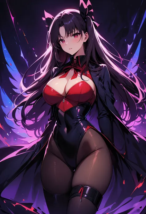 Rin Tohsaka，(masterpiece, Best quality:1.2), Black Light Art，1 girl, solitary，Tights，Chest，，Tights，Busty
