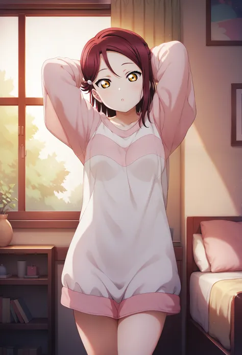  ,masterpiece, best quality, anime art, medium breasts ,dark red hair ,yellow eyes , sakurauchi riko love live , oversized clothes, oversized pajamas top, bottomless, thighs ,cowboy shot,girly room , arms up behind head 