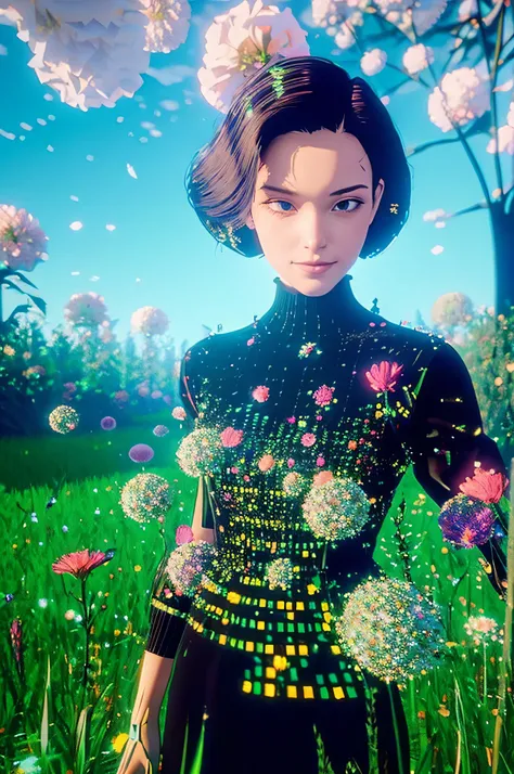 A woman standing in a field of glitching, pixelated flowers, her body breaking apart into digital fragments as she smiles serenely. Her outfit is a blend of organic textures and sharp, angular digital glitches, creating an otherworldly mix of nature and te...