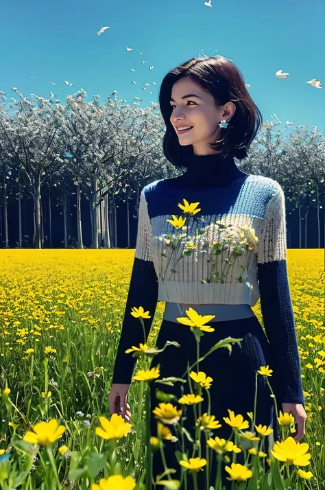 A woman standing in a field of glitching, pixelated flowers, her body breaking apart into digital fragments as she smiles serenely. Her outfit is a blend of organic textures and sharp, angular digital glitches, creating an otherworldly mix of nature and te...