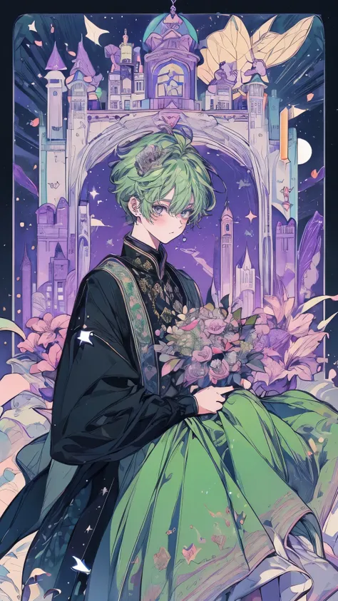 (One princess、One prince:1.5)、Green long dress、Ball、city、firework、流れstar、Night Sky、star、moon、Lots of flowers、(smile)