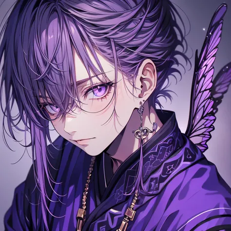 (masterpiece), Best Quality, Ultra-high resolution,male、1 person、Purple Hair、Short Hair、Purple eyes、Purple clothes、whole body、（Gentian:1.3）、noble、precious、Japanese clothing