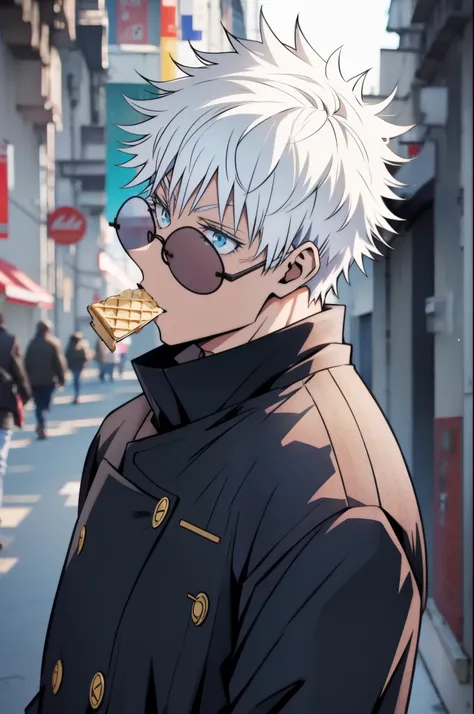 (masterpiece, best quality:1.2), Jujutsu kaisen style, satoru gojo, (1boy, solo), (18years old), upper body, (behind back, look back), (white hair, short hair), (blue eyes, sunglass), (school uniform, gakuran, black cropped jacket), (holding Ice_Cream, eat...