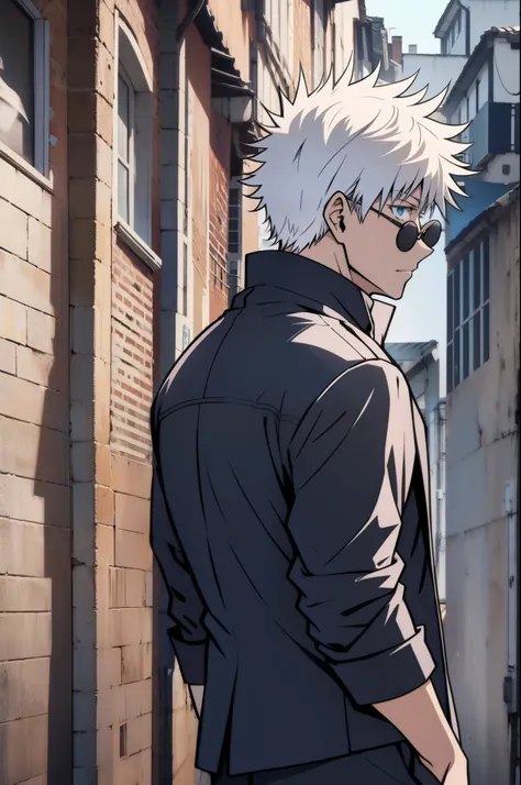 (masterpiece, best quality:1.2), Jujutsu kaisen style, satoru gojo, (1boy, solo), (18years old), upper body, (behind back, look back), (white hair, short hair), (blue eyes, sunglass), (school uniform, gakuran, black cropped jacket), (holding Ice_Cream, eat...