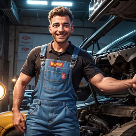 a happy man in overalls, winning pose, car repair shop, detailed face and eyes, extremely detailed, photorealistic, 8k, best quality, cinematic lighting, vibrant colors, masterpiece