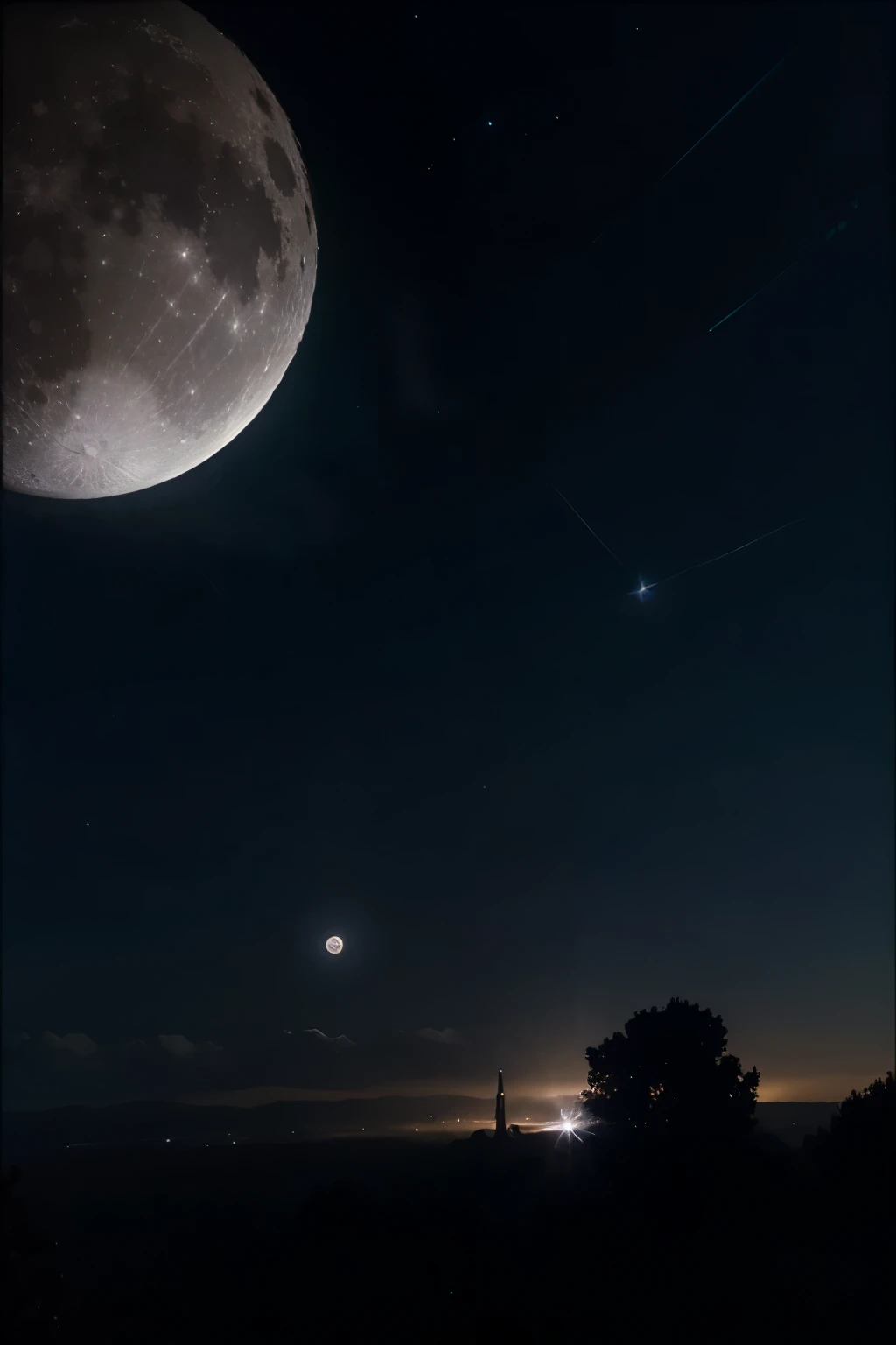 night sky with stars, an alien moon, and spaceships.