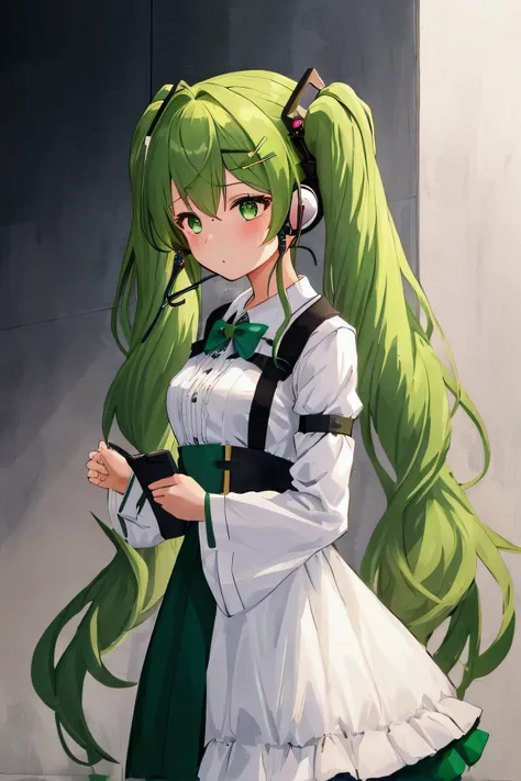 1girl, solo, hair ornament, green hair, twintails, long hair, dress, headset