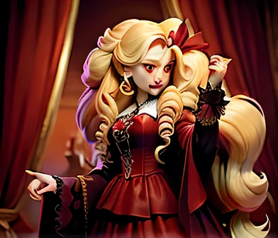 blonde, vampires, red medieval dress, big curly hair