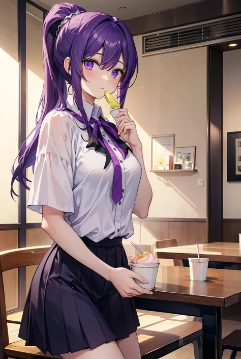 Two women anime, adult woman, long purple hair, ponytail, sharp lime eyes, pink blouse, white skirt, adult anime woman, short dark blue hair, sharp violet eyes, yellow blouse ,skort oilvr, eating ice creem in the restaurant, sunny day by Aiأفضل جودة, دقة ع...