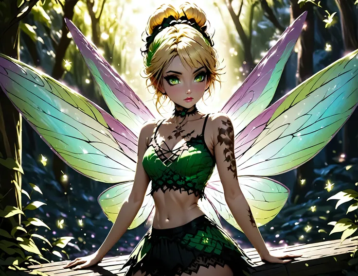 dark tinkerbell, goth fairy, with a tattoo on her chest, in style of anne stokes, full body pose, full length portrait of fairy,...