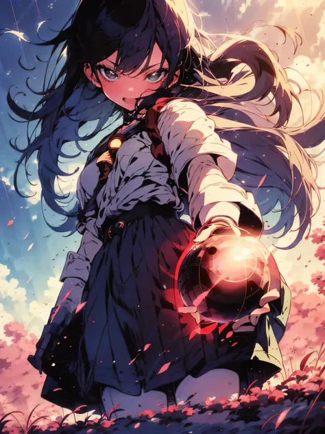 A determined girl teenager, ((holding a magical orb that emits a soft light)), standing on a windswept cliff overlooking a vast, cloudy expanse. Half-length shot, panoramic view, epic mood, abasterpiece)), ((best quality)), ultra detailed,((illustration)),...