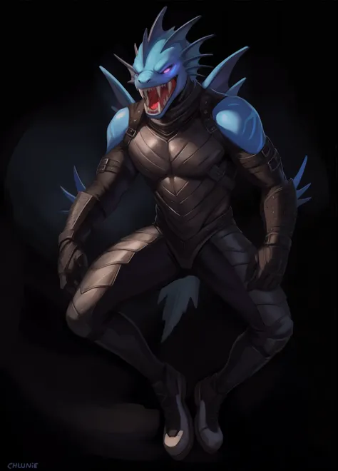 Viperfish, deformed, long fangs, detailed, dark, glowing eyes, large mouth, anthro, male, dark clothing, sleek bodysuit, spiky fins, by zackary911, by chunie, dark gray skin, full body, dark blue markings, hostile, black skin, character design, solo, very ...