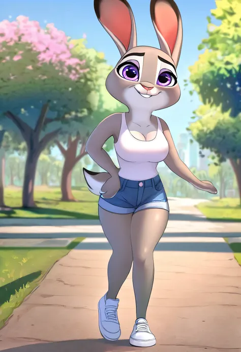 Judy Hopps Zootopia cartoon, big breasts, extremely beautiful and cute face, wears white top, denim shorts, sneakers, cute smiling, walking in the park 