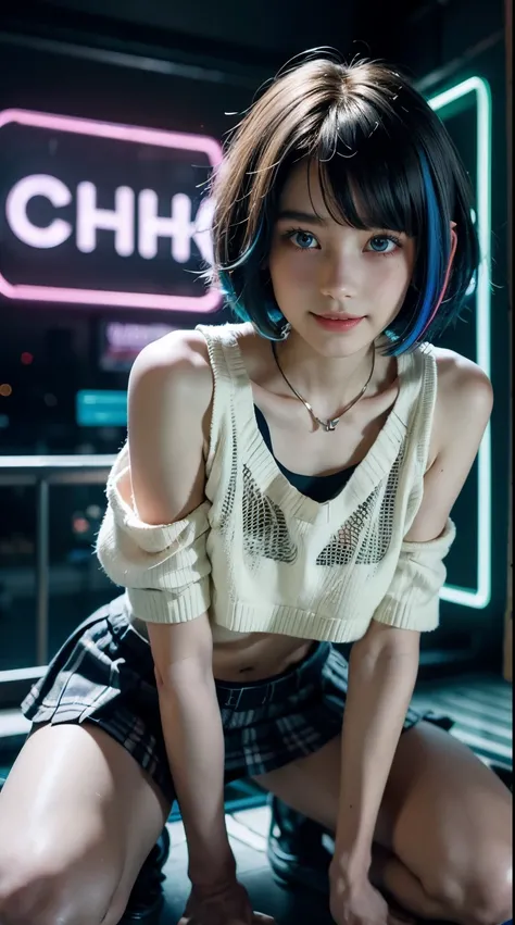 A colorful Bob cut haired punk canadian girl, smooth white skin, kneeling, innocent, ultra high resolution, uhd, detailed cyberpunk outfit, ripped shirt, wink, smiling, neon lighting, crop top vest, short skirt, colorful loose socks, athletic legs, fish ey...