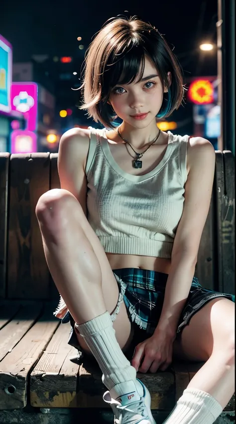 a colorful bob cut haired punk canadian girl, smooth white skin, innocent, ultra high resolution, uhd, detailed cyberpunk outfit...