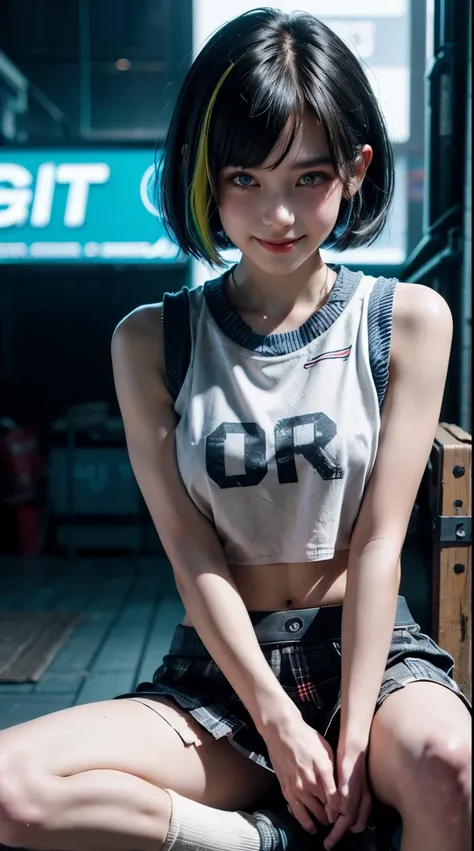 a colorful bob cut haired punk canadian girl, smooth white skin, innocent, ultra high resolution, uhd, detailed cyberpunk outfit...