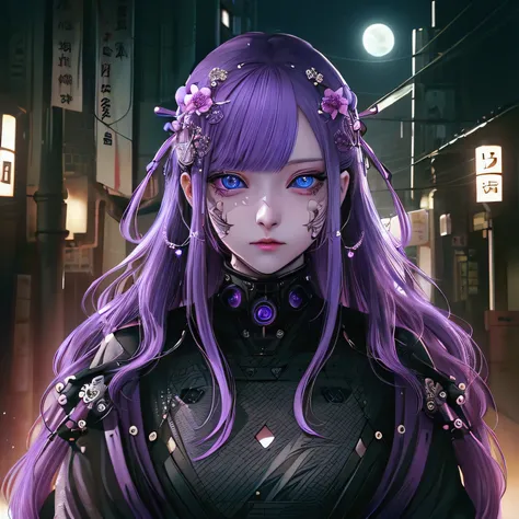 One girl，blue eyes, long hair, purple hair, full body, Lucy，Chest，Areola，moon，cyberpunk，visual lens，A high resolution, photore, lock focus, face lamp, dynamic lighting, highest details, extremly high detail、ultra - detailed、the detail、Genuine skin、exquisit...