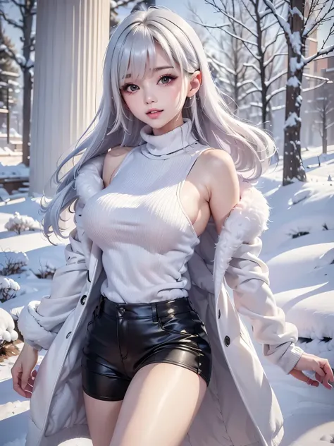 masterpiece:1.5, high quality. 1girl, turtleneck sweater, sideboob, black short pants, pantyhose, white hair, fur white coat, medium breasts, bright skin. background: winter ruins, snow fall. ダイナミックなポーズ