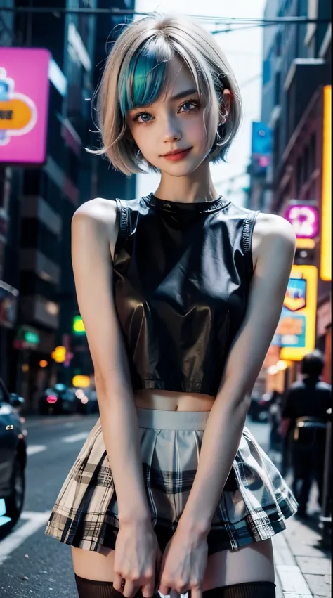 A colorful Bob cut haired punk canadian girl, smooth white skin, slender, skinny, innocent look, ultra high resolution, uhd, detailed cyberpunk outfit, wink, smiling, neon lighting, short skirt, colorful loose socks, athletic legs, vogue pose, modelling, b...