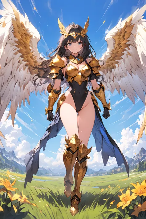 Masterpiece, Best Quality, Extra Detail, 1girl (Granblue Fantasy), perfect face, perfect body, perfect boobs, perfect face, blue eyes, long hair, black hair, leotard, black leotard, groin, cleavage, armor, gold armor, breastplate, gold breastplate, gloves,...