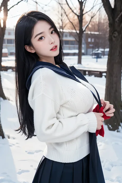 Asian、Model、Black Hair、Long Hair、Big Breasts、Topless、Sailor suit、White sweater、School、A woman lifting her clothes to reveal her breasts、snow